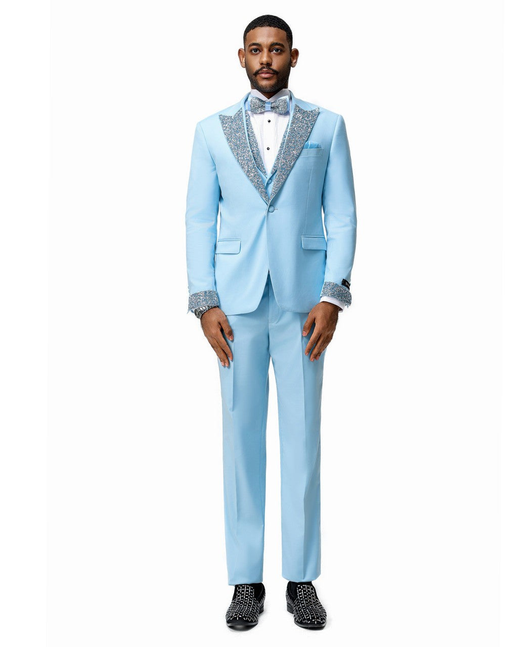stone-studded peak lapel three-piece suit in sky blue