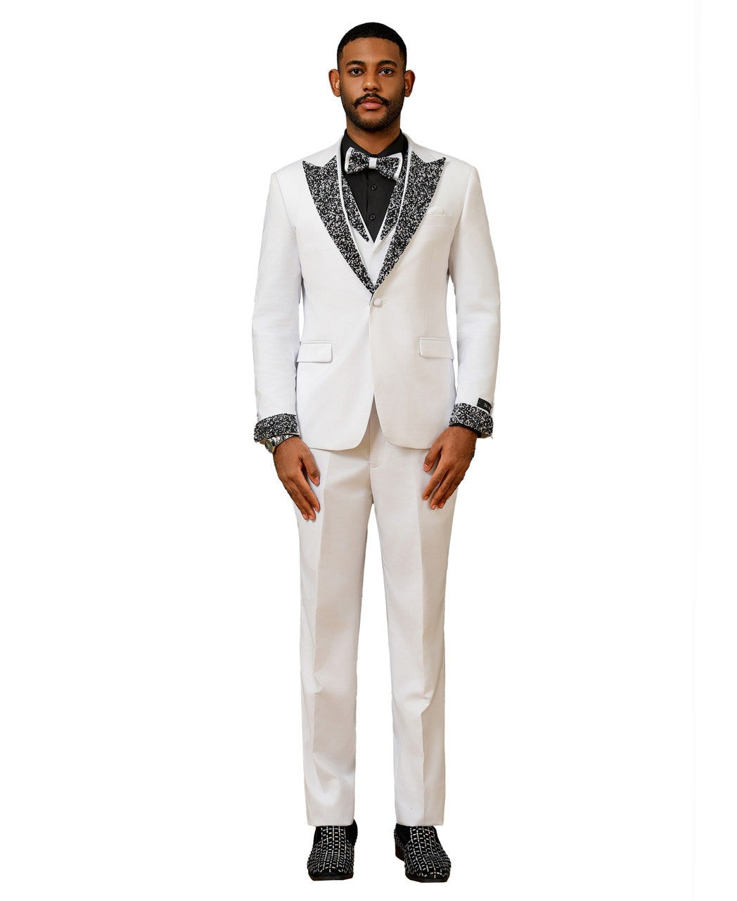 stone-studded peak lapel three-piece suit in white