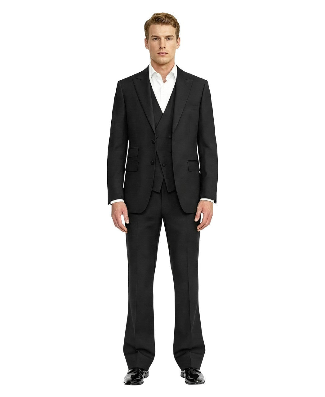 studded collar three-piece tuxedo in black, detail