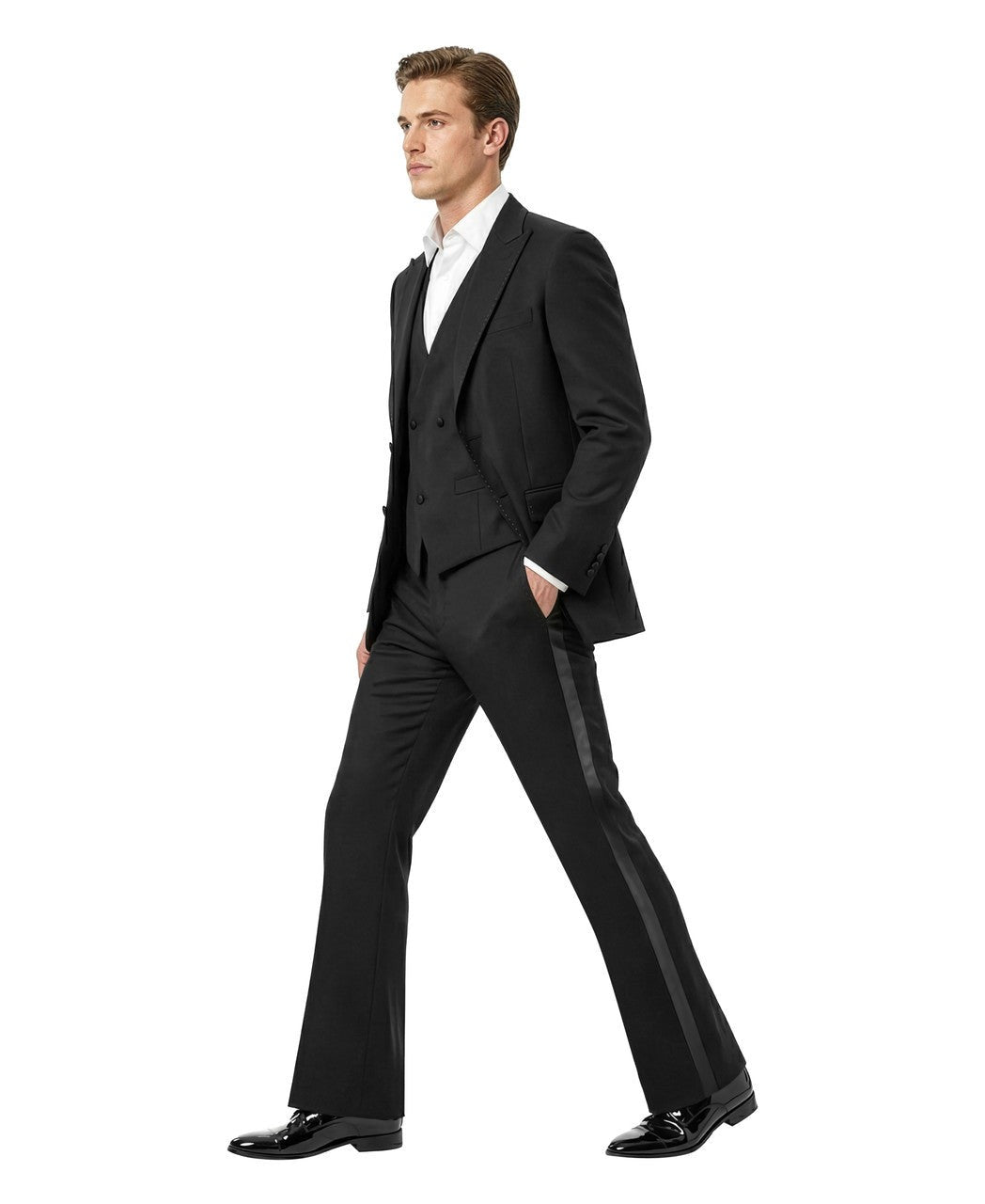studded collar three-piece tuxedo in black