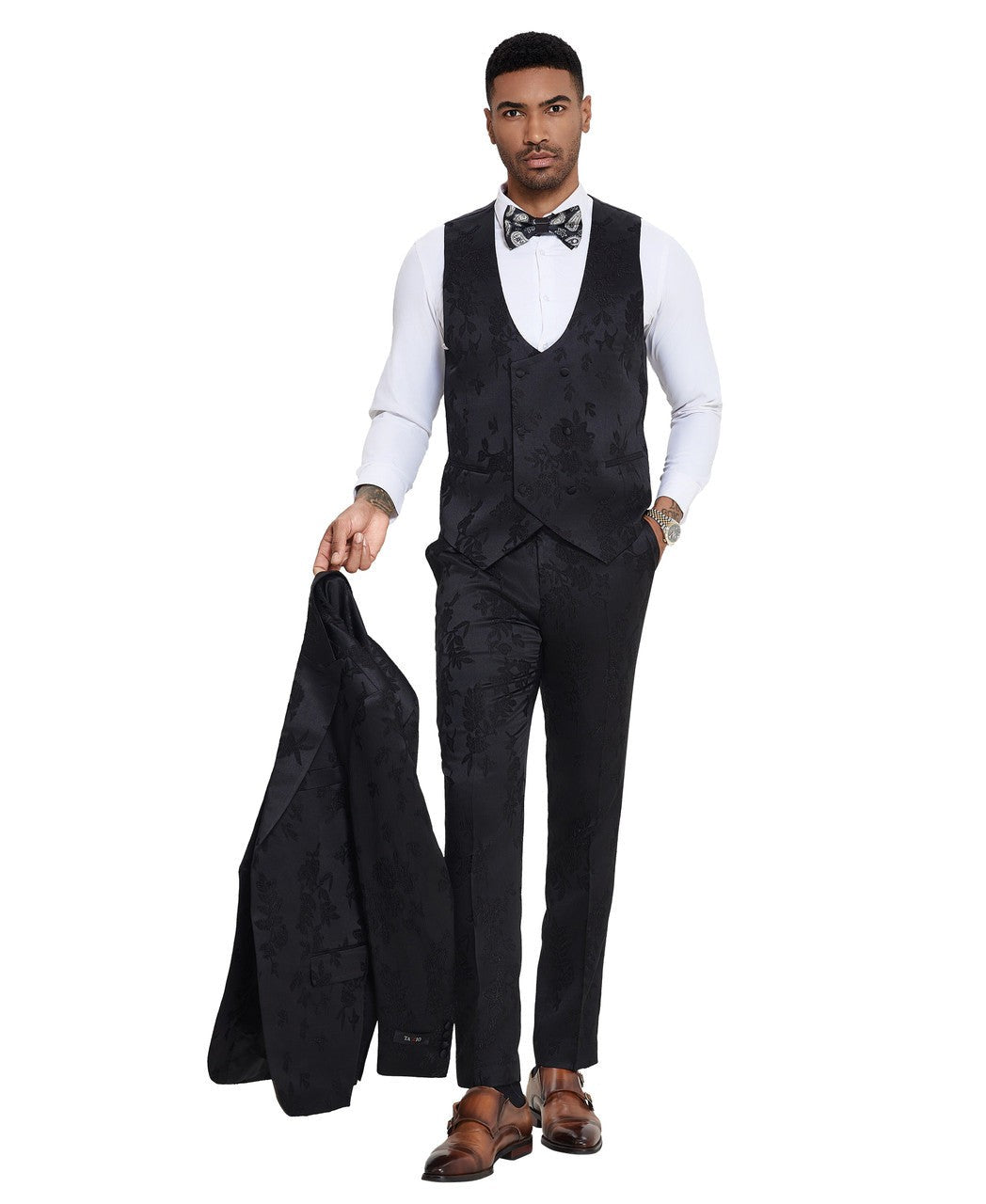 textured floral three-piece suit in black, detail