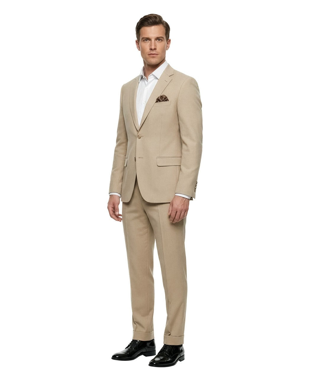 textured knit suit in tan