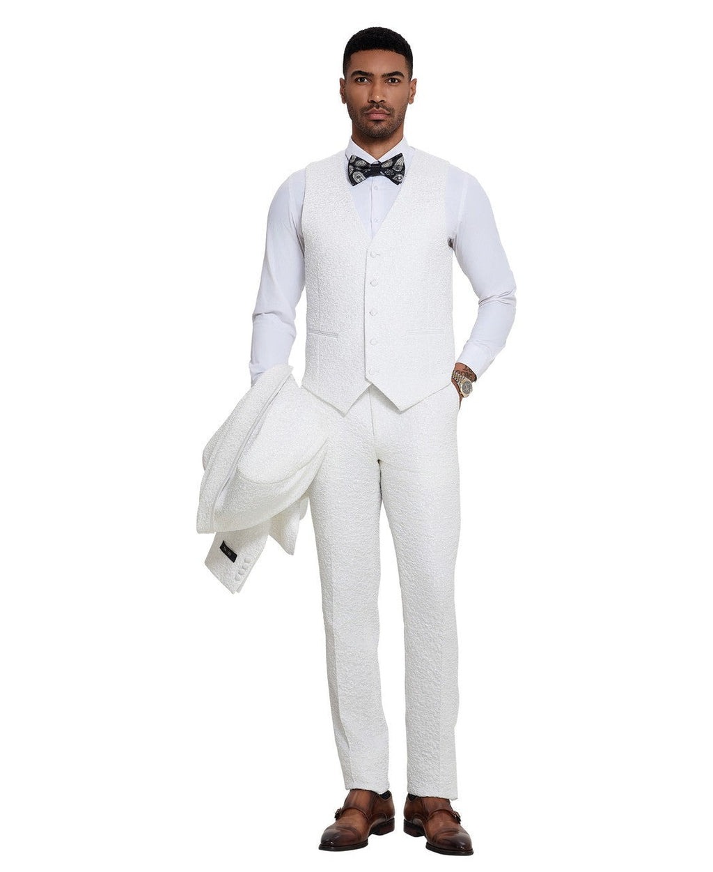 textured paisley three-piece tuxedo in ivory, detail