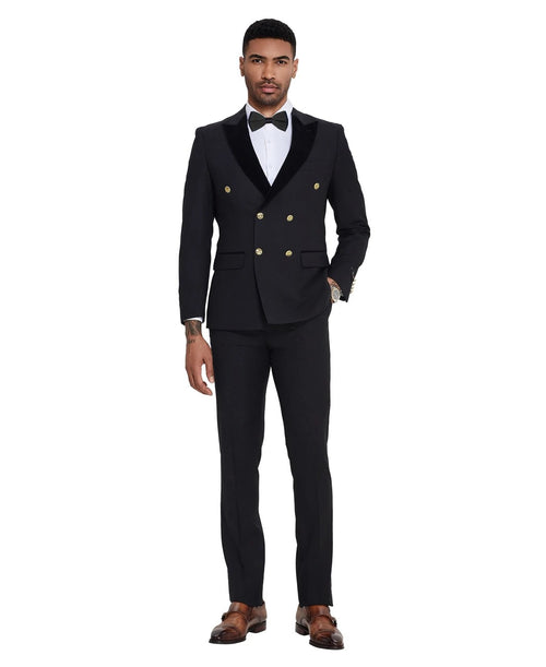 double-breasted velvet lapel suit in black