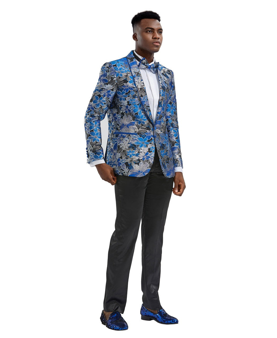 floral dinner jacket with bow tie in royal blue