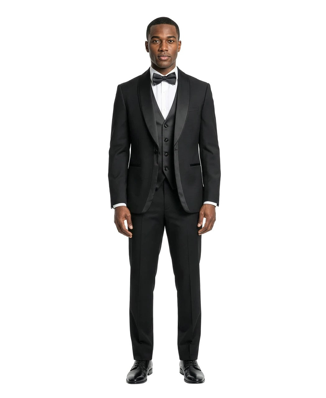 layered satin shawl three-piece tuxedo in black