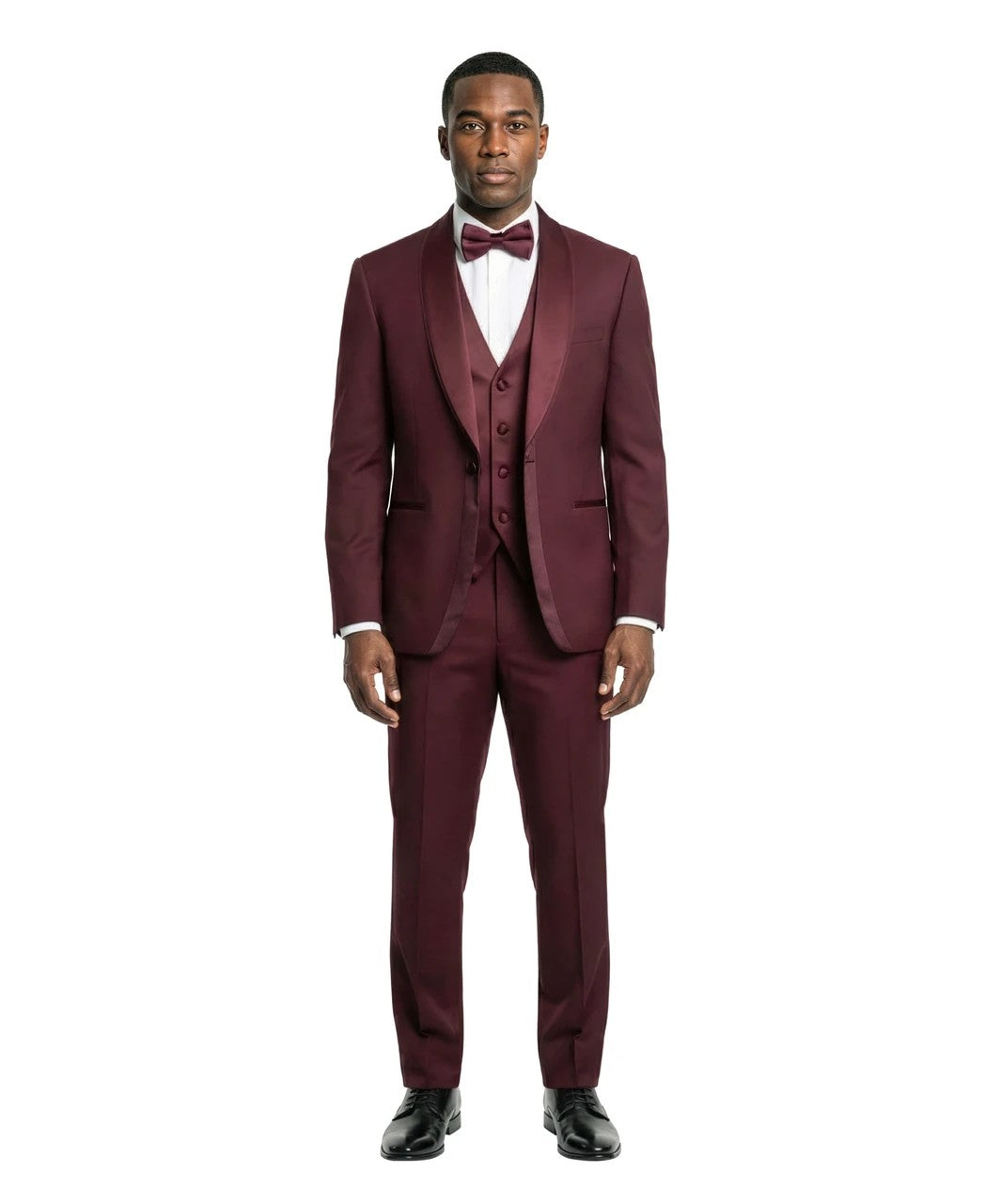 layered satin shawl three-piece tuxedo in burgundy