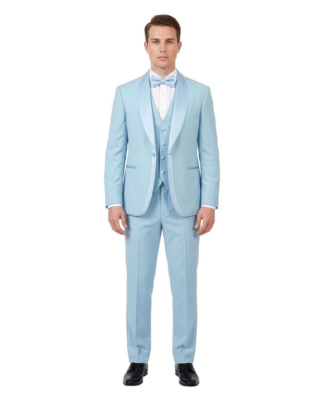 layered satin shawl three-piece tuxedo in light blue