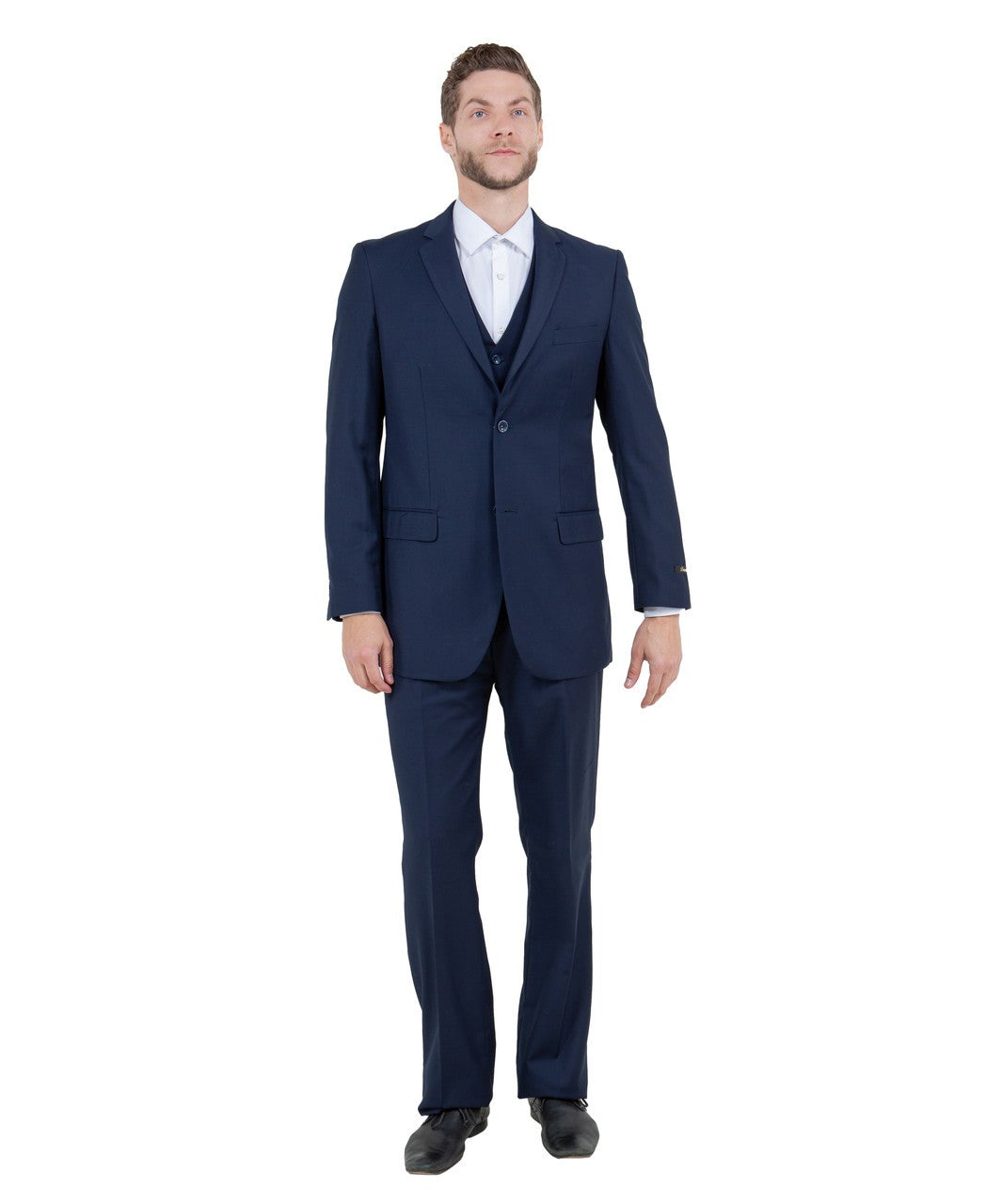 one-button three-piece suit in blue