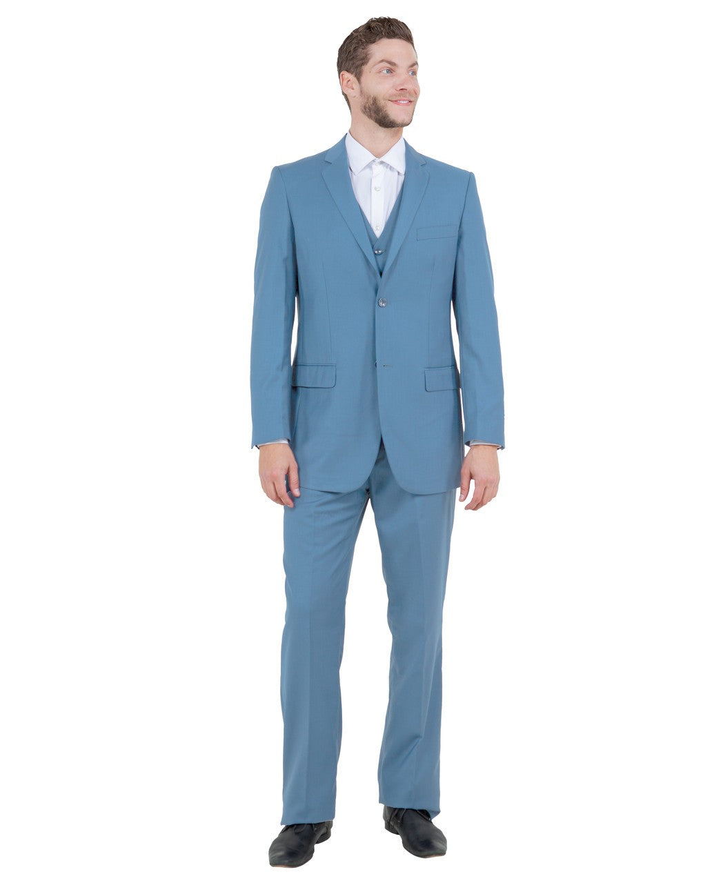 one-button three-piece suit in dusty blue