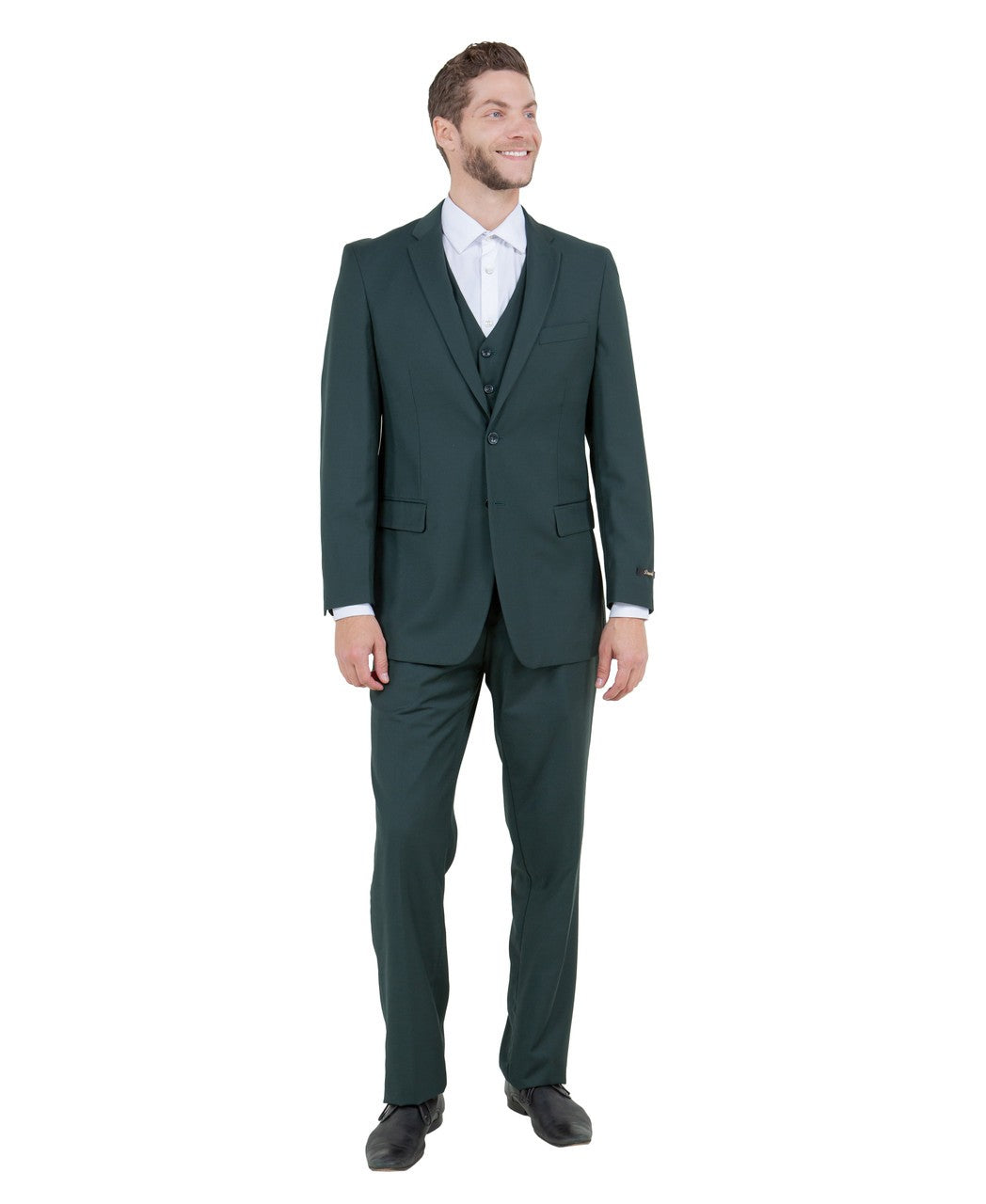 one-button three-piece suit in green