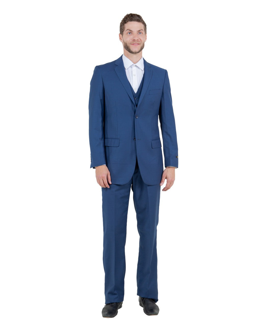 one-button three-piece suit in indigo blue