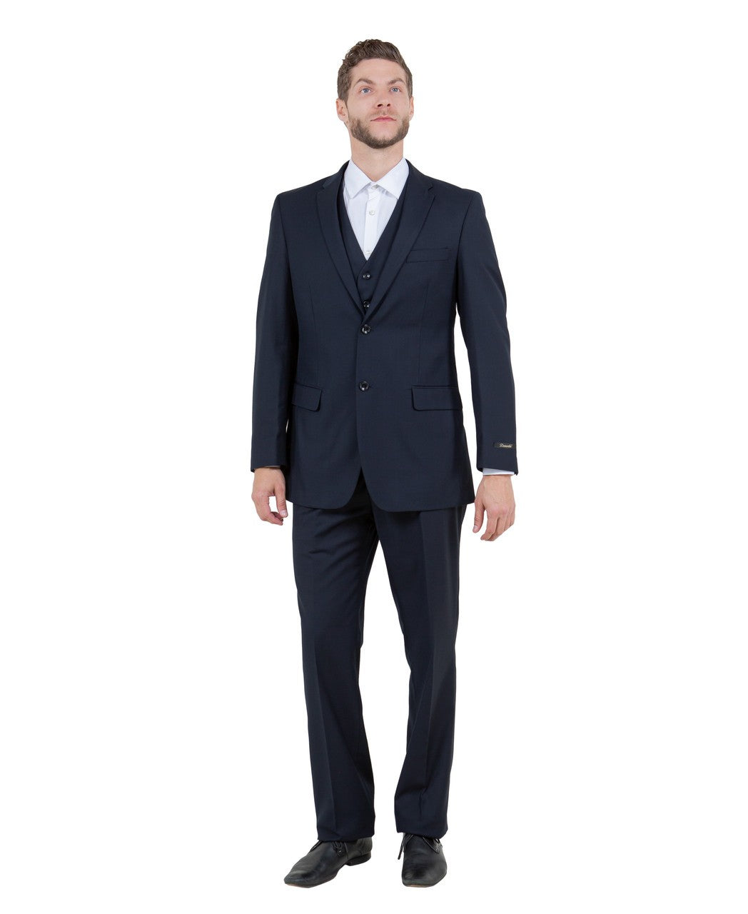one-button three-piece suit in navy