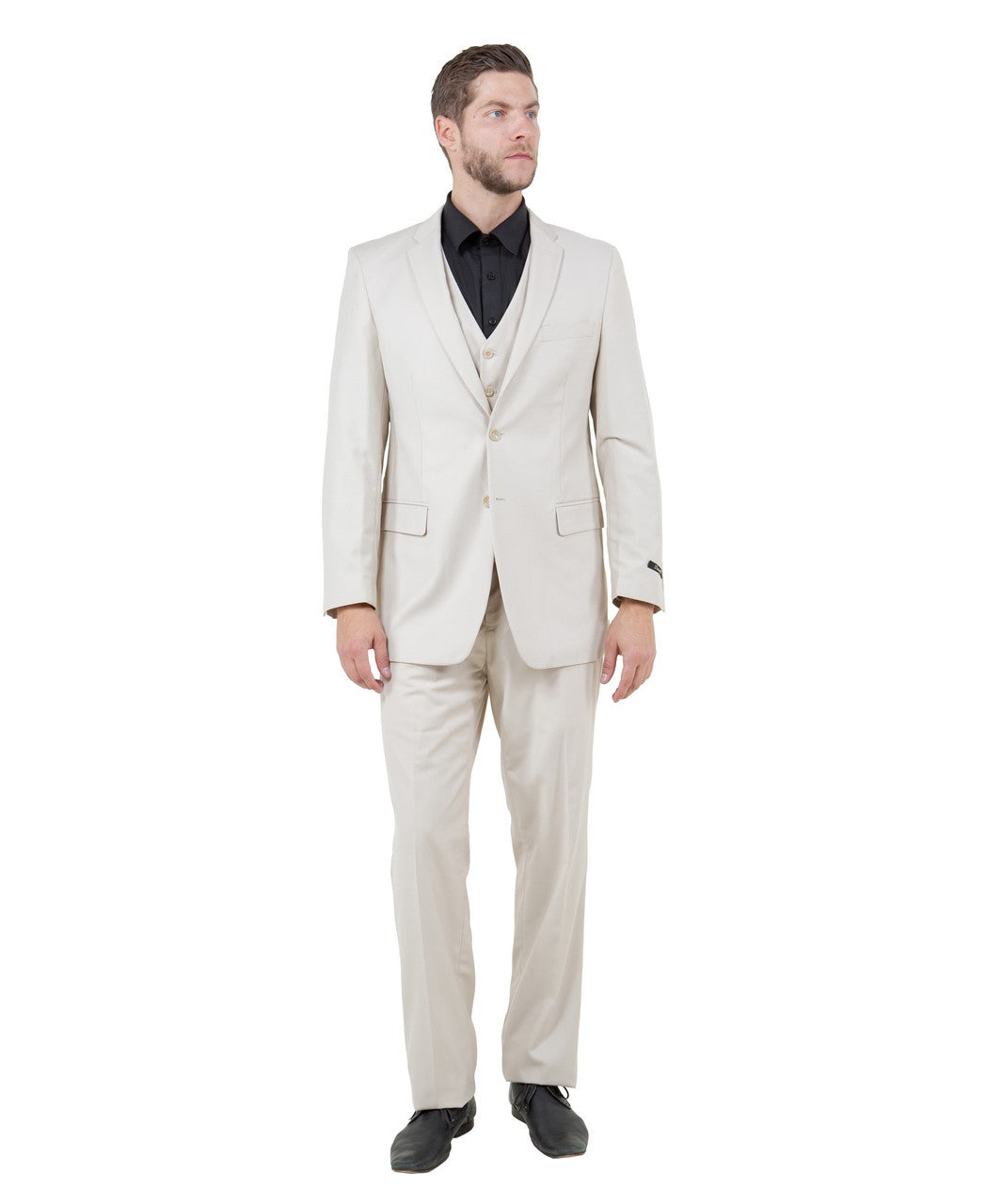 one-button three-piece suit in tan