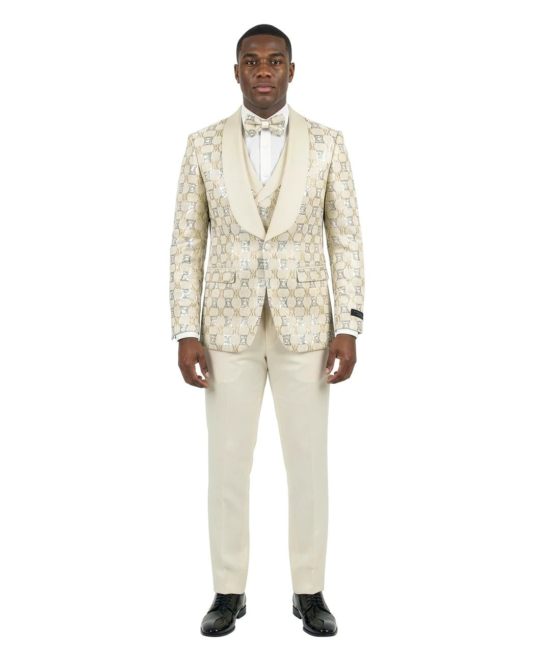 sequin shawl collar three-piece tuxedo in ivory/gold