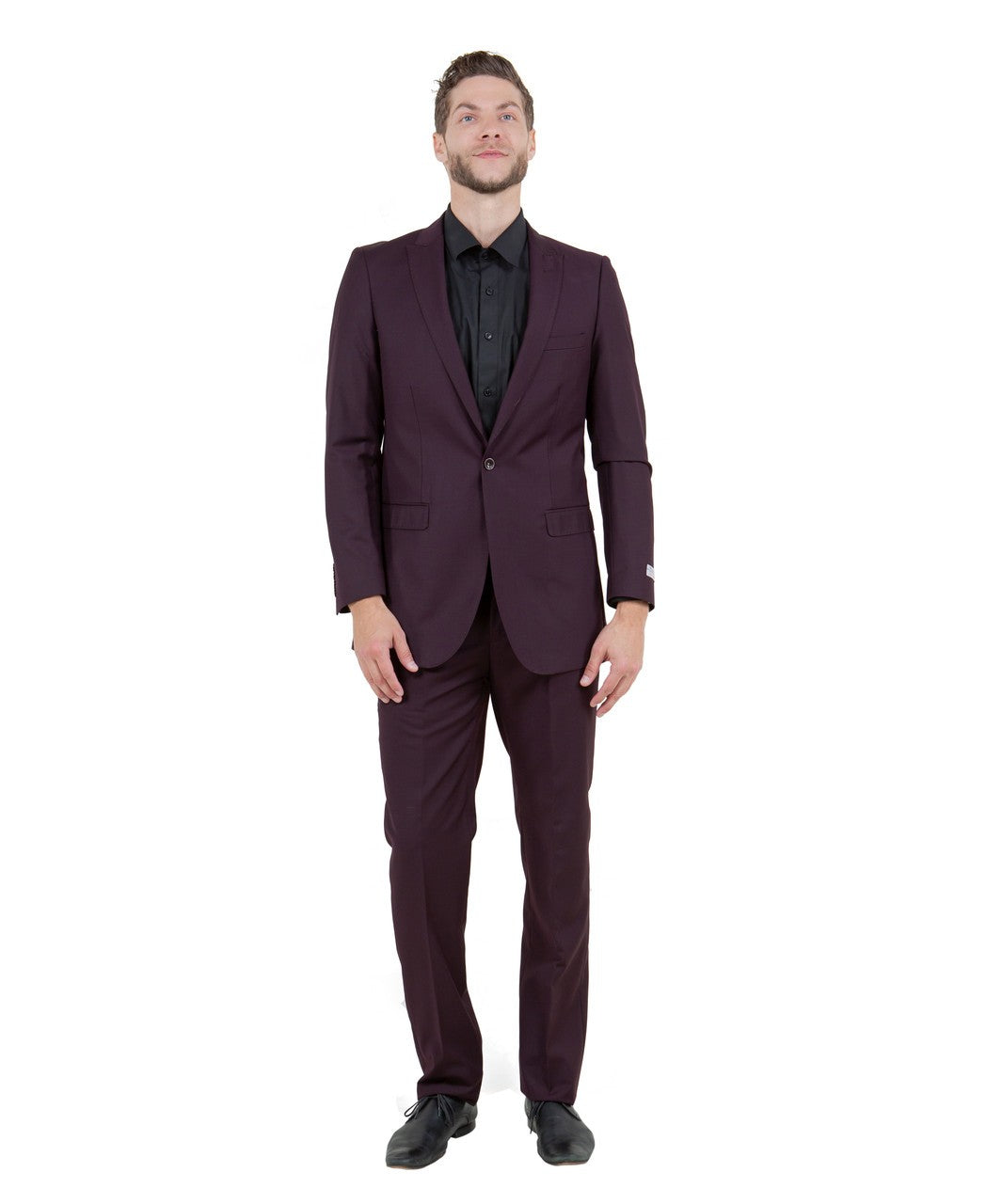 slim fit notch lapel suit in burgundy