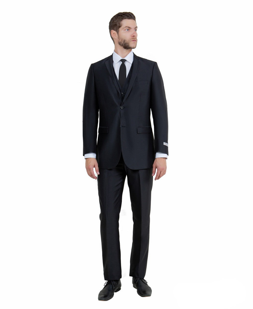 slim fit sharkskin vested suit in black