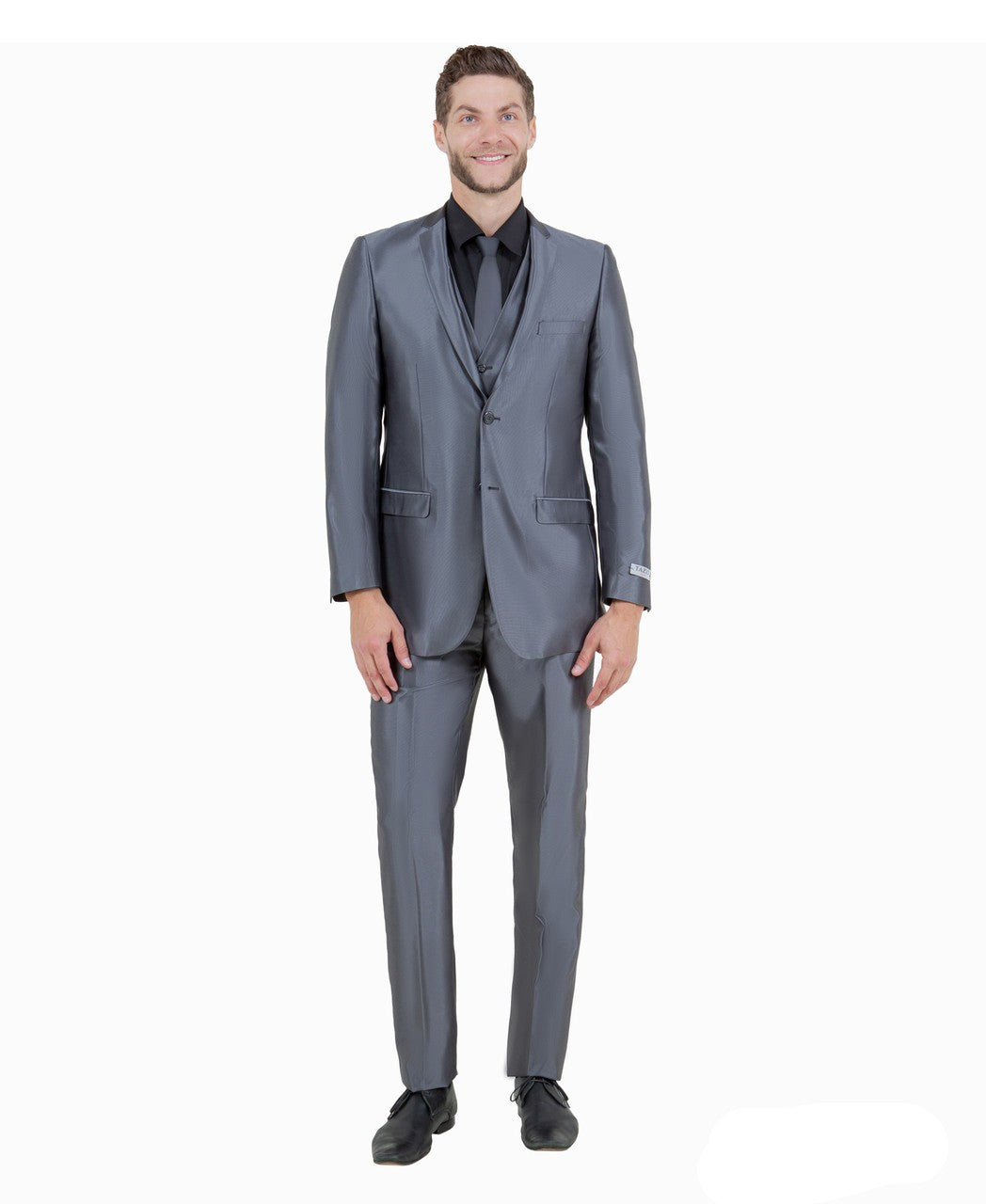 slim fit sharkskin vested suit in dark grey