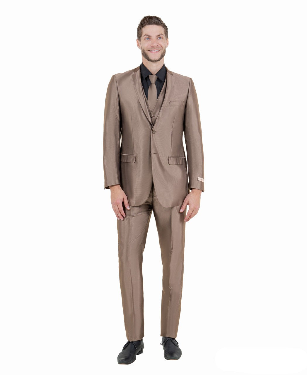 slim fit sharkskin vested suit in dark taupe
