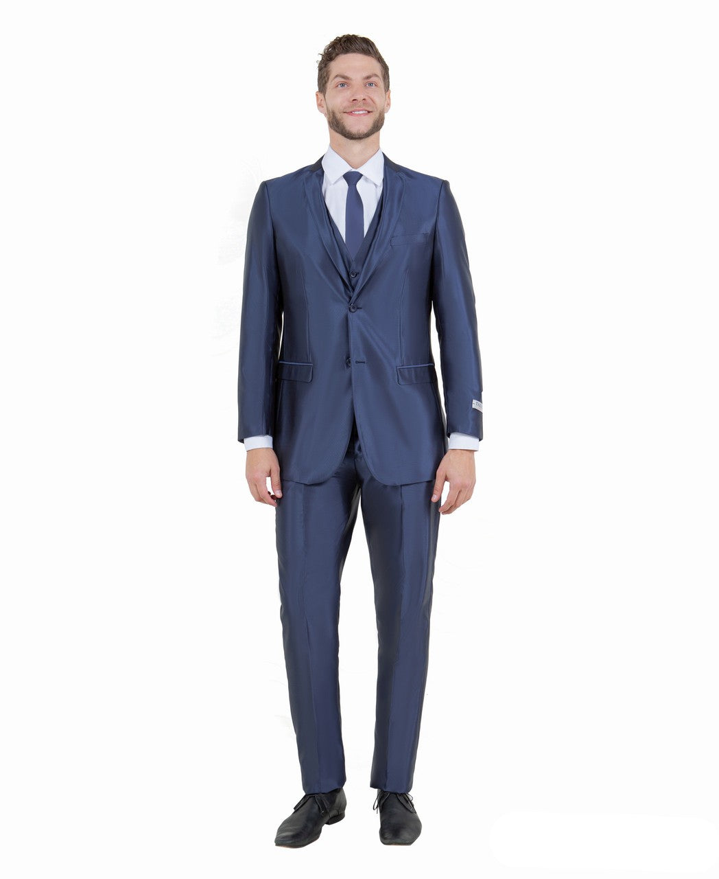 slim fit sharkskin vested suit in navy