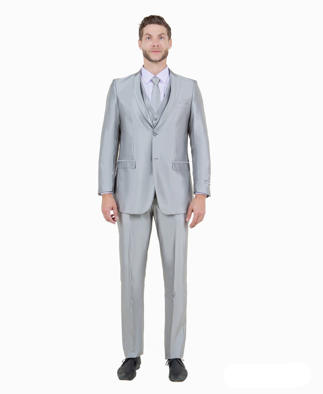slim fit sharkskin vested suit in silver