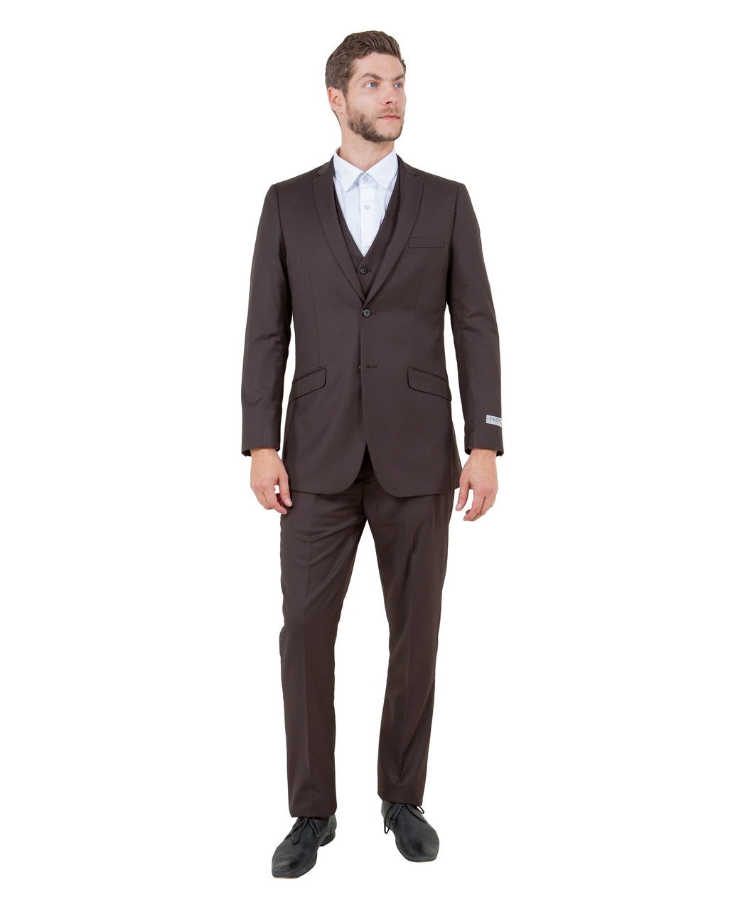 slim fit three-piece suit in brown