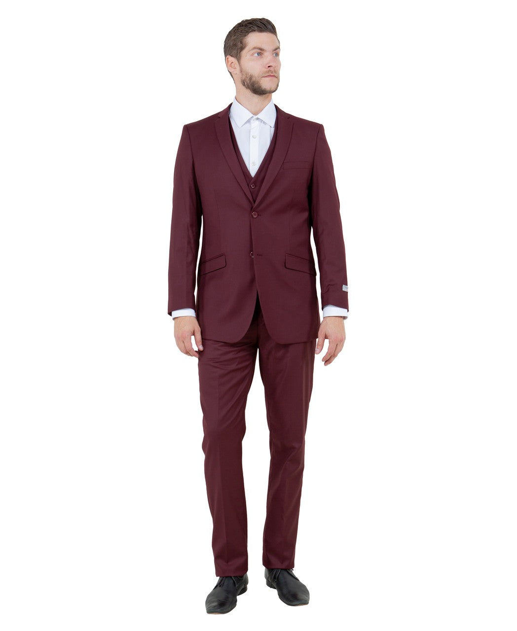slim fit three-piece suit in burgundy