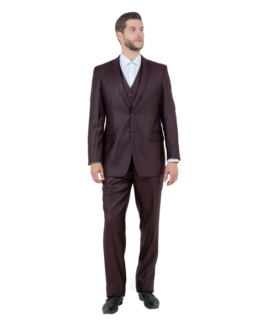 textured two-button suit in burgundy