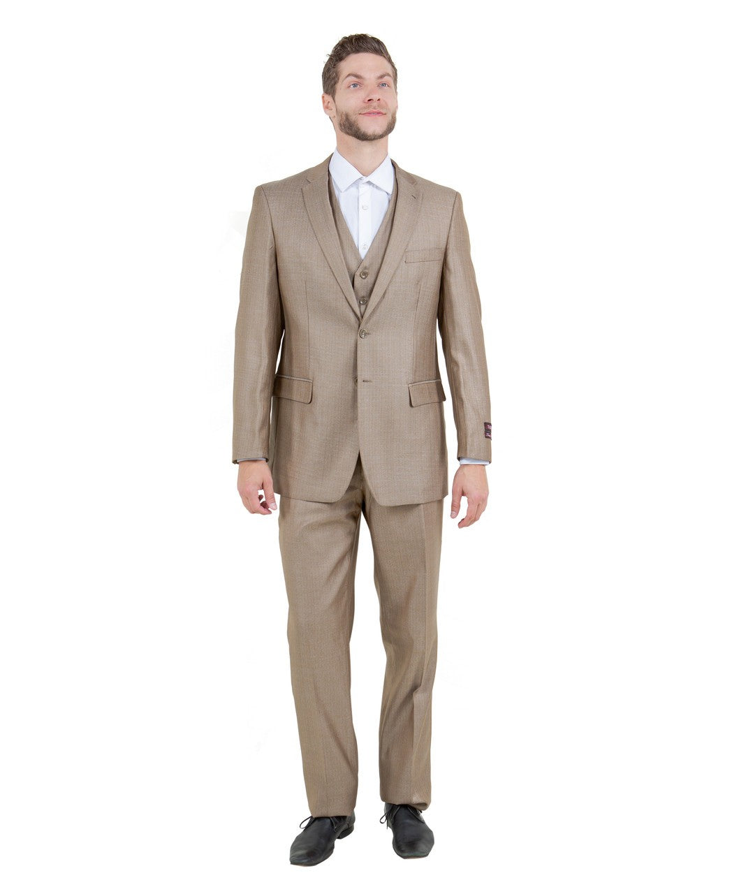 textured two-button suit in dark tan