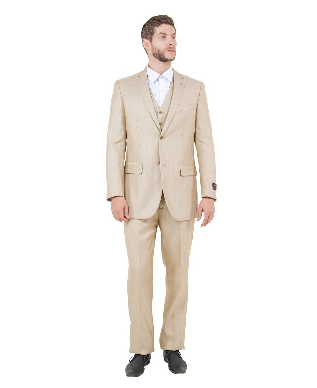 textured two-button suit in light beige