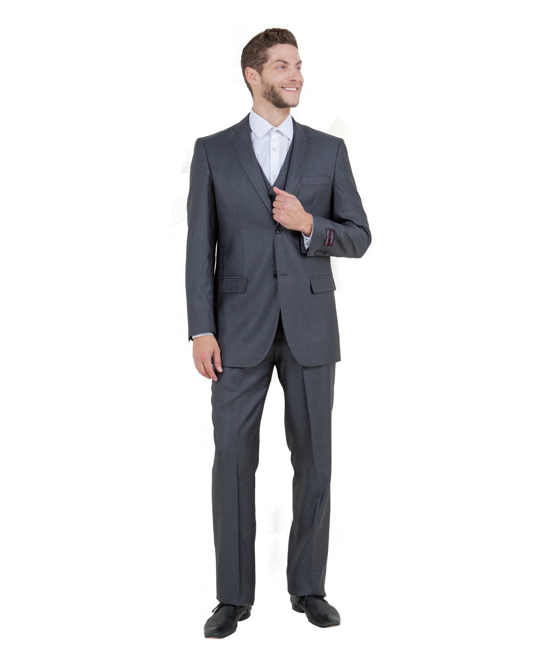 textured two-button suit in steel navy