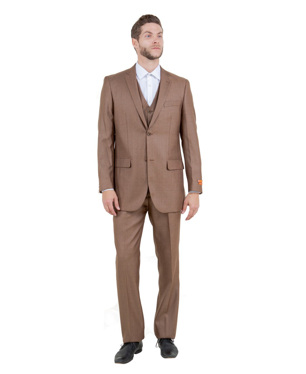 textured two-button suit in toast