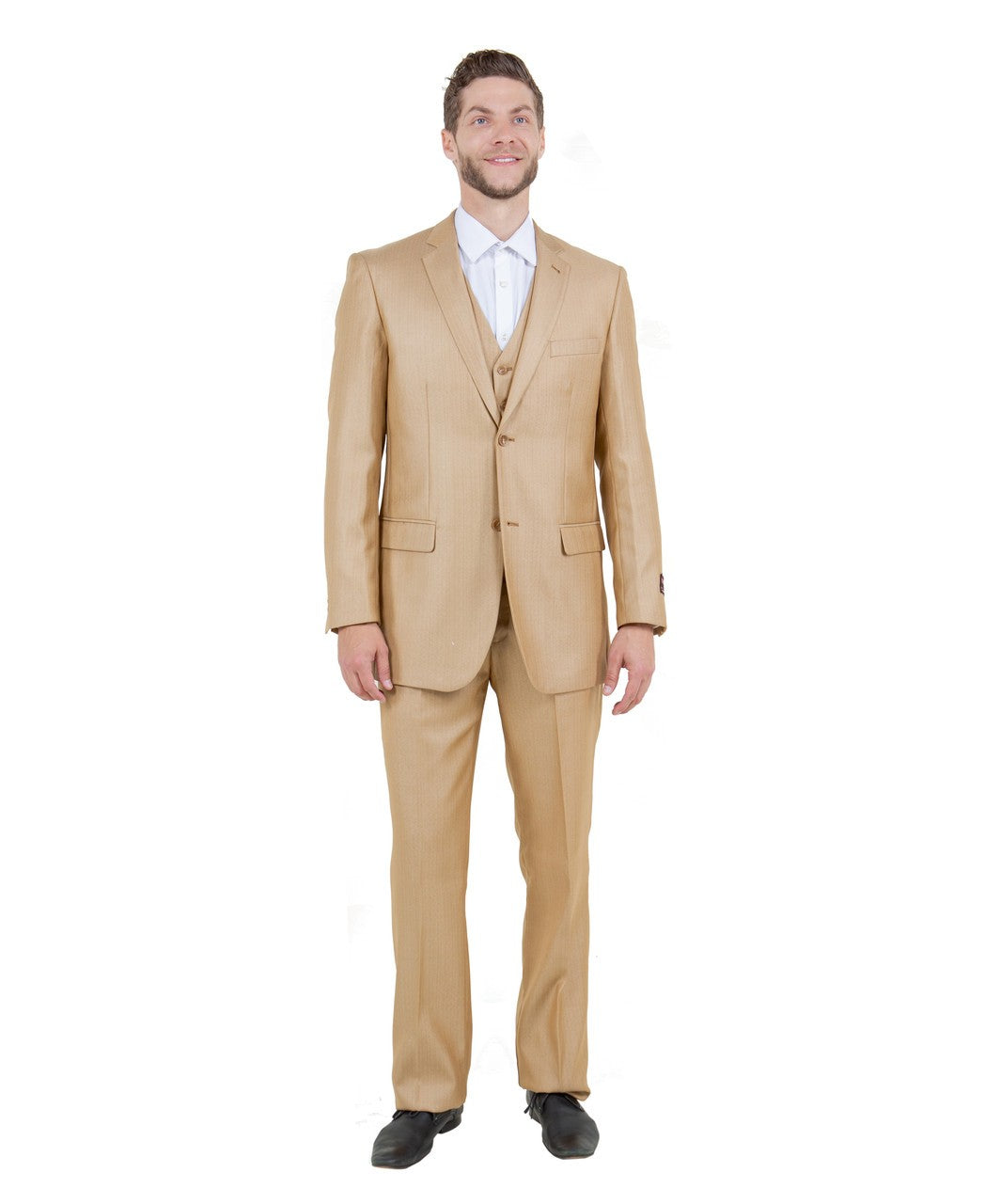 textured two-button suit in wheat