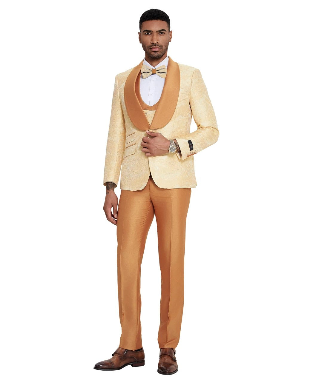 two-tone shawl collar three-piece tuxedo in champagne/copper