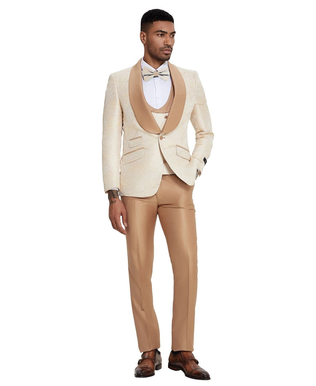 two-tone shawl collar three-piece tuxedo in ivory/tan