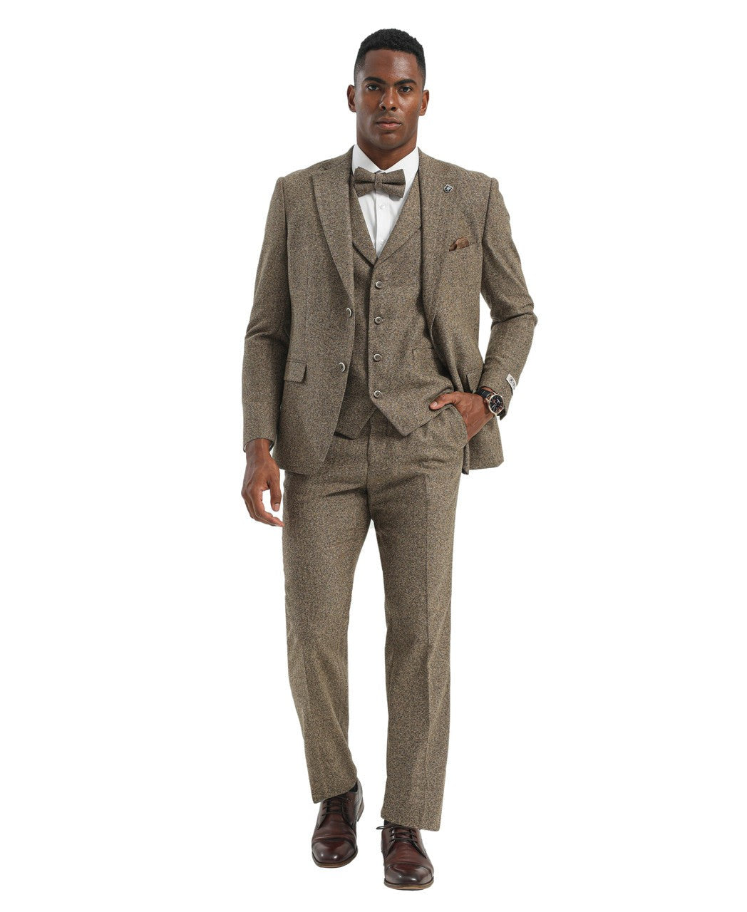 tweed three-piece suit in brown/tan