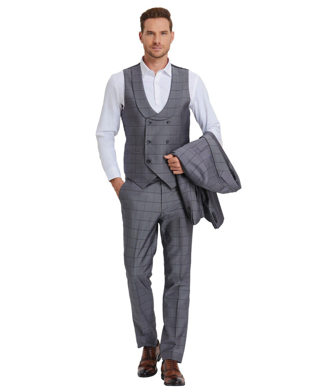 windowpane suit with collared vest in metal gray, detail
