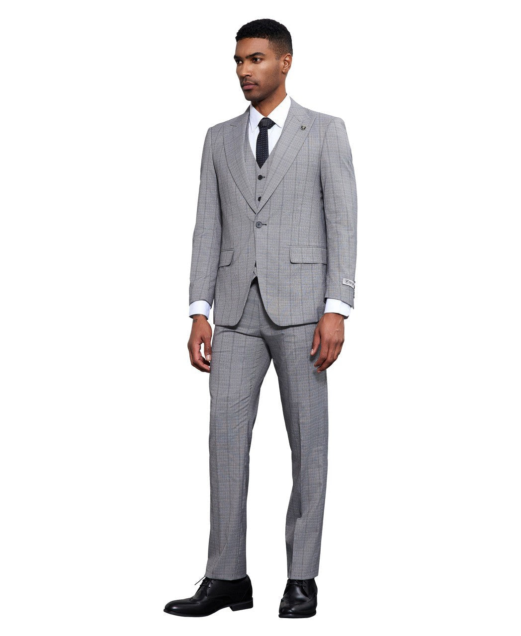 Windowpane three-piece suit in grey