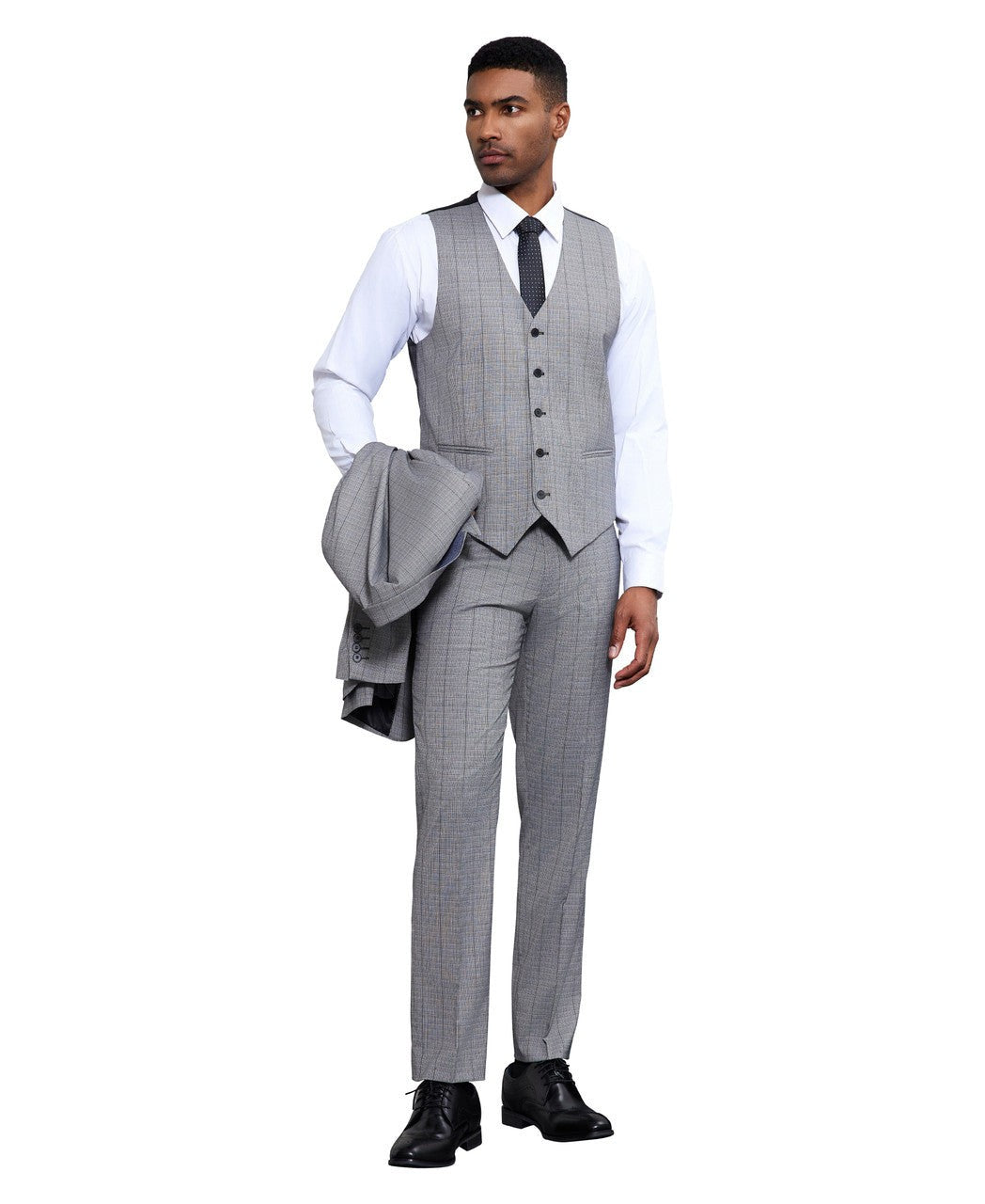 Windowpane three-piece suit vest detail
